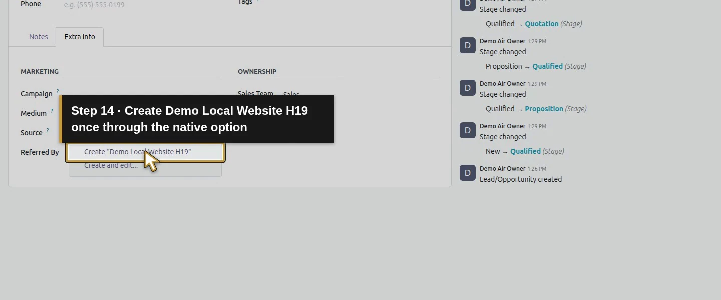 Action 14: Create Demo Local Website H19 once through the native option. The actual target is highlighted in gold.
