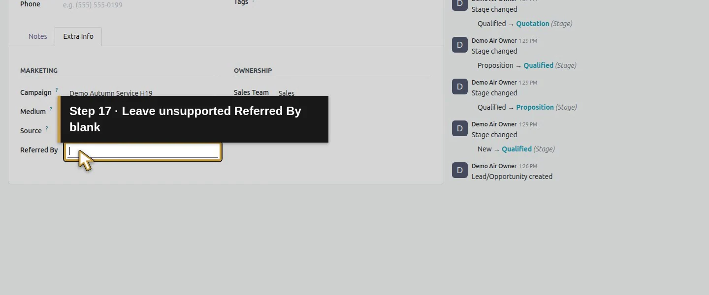Action 17: Leave unsupported Referred By blank. The actual target is highlighted in gold.