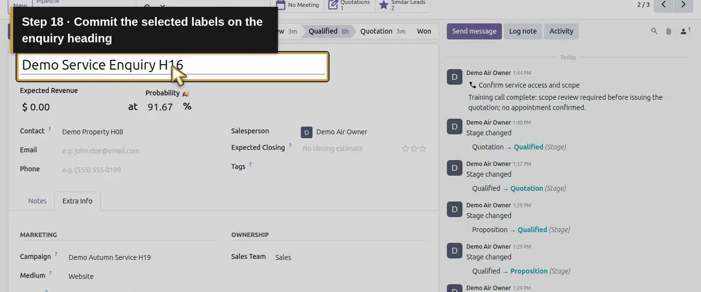 Action 18: Commit the selected labels on the enquiry heading. The actual target is highlighted in gold.