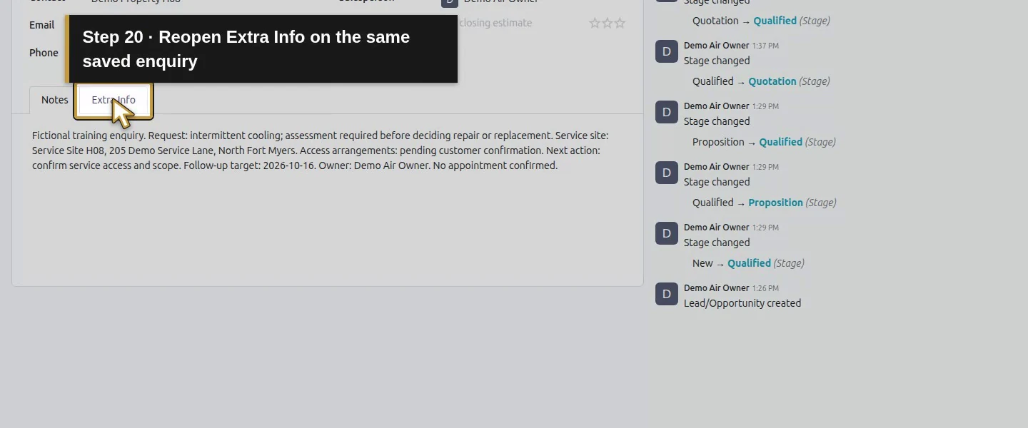 Action 20: Reopen Extra Info on the same saved enquiry. The actual target is highlighted in gold.