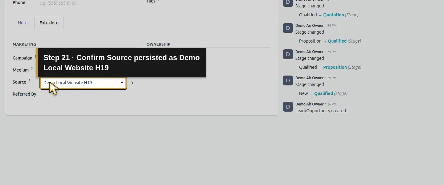 Action 21: Confirm Source persisted as Demo Local Website H19. The actual target is highlighted in gold.