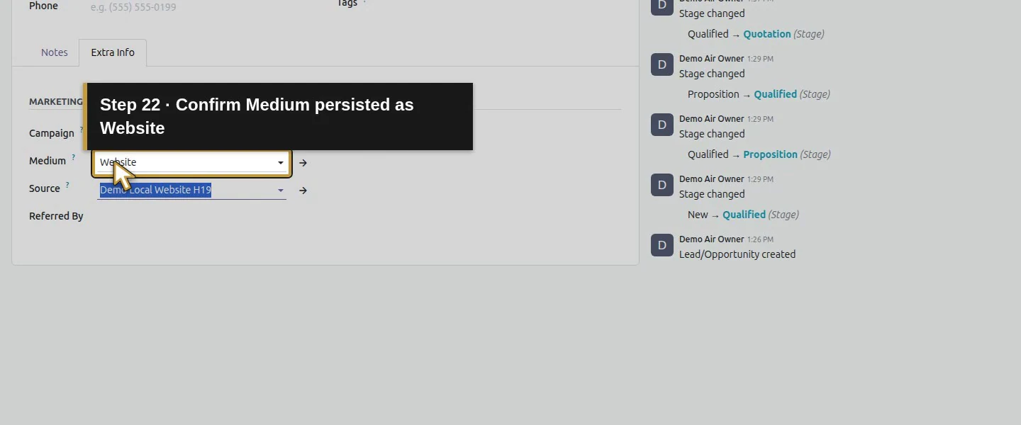 Action 22: Confirm Medium persisted as Website. The actual target is highlighted in gold.