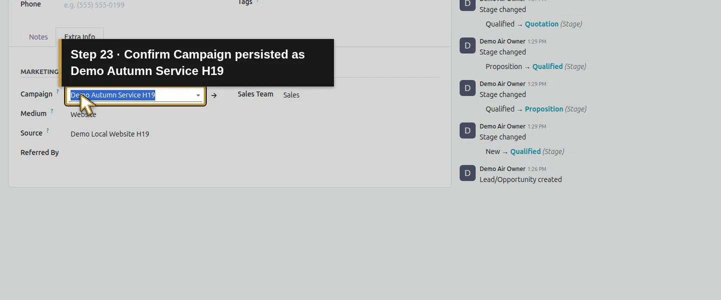 Action 23: Confirm Campaign persisted as Demo Autumn Service H19. The actual target is highlighted in gold.