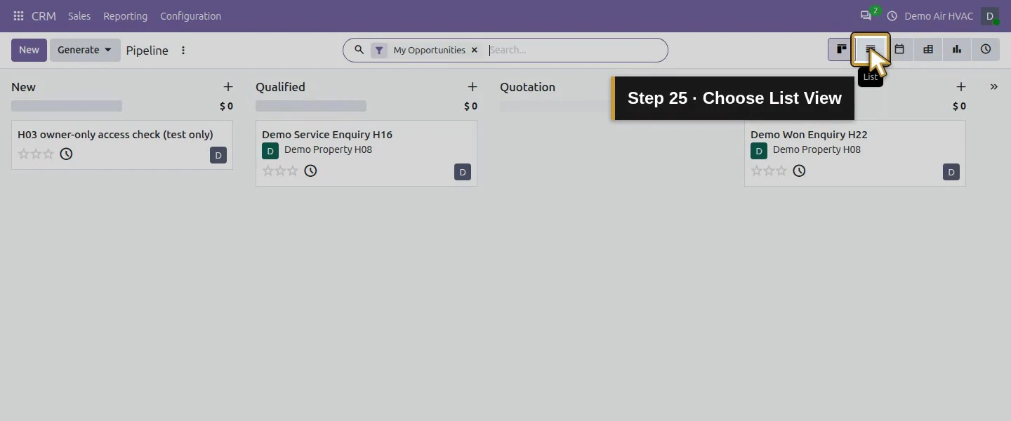 Action 25: Choose List View. The actual target is highlighted in gold.