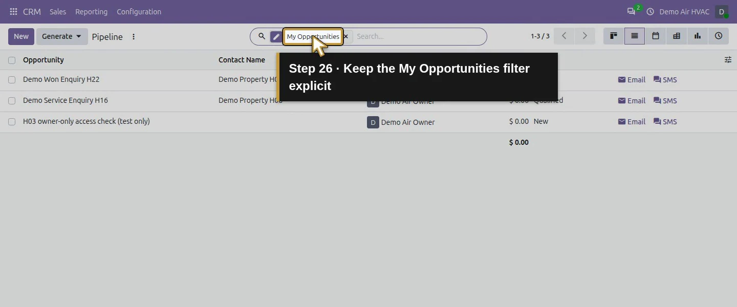 Action 26: Keep the My Opportunities filter explicit. The actual target is highlighted in gold.
