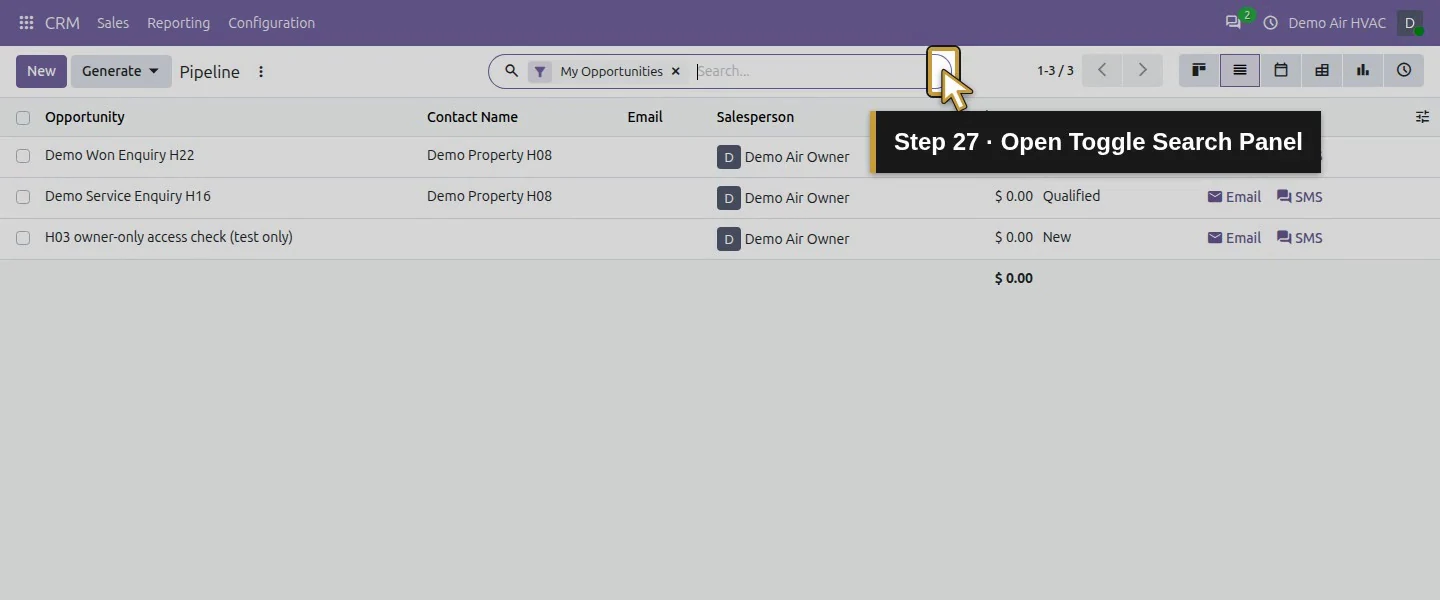 Action 27: Open Toggle Search Panel. The actual target is highlighted in gold.