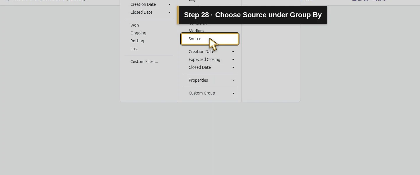 Action 28: Choose Source under Group By. The actual target is highlighted in gold.