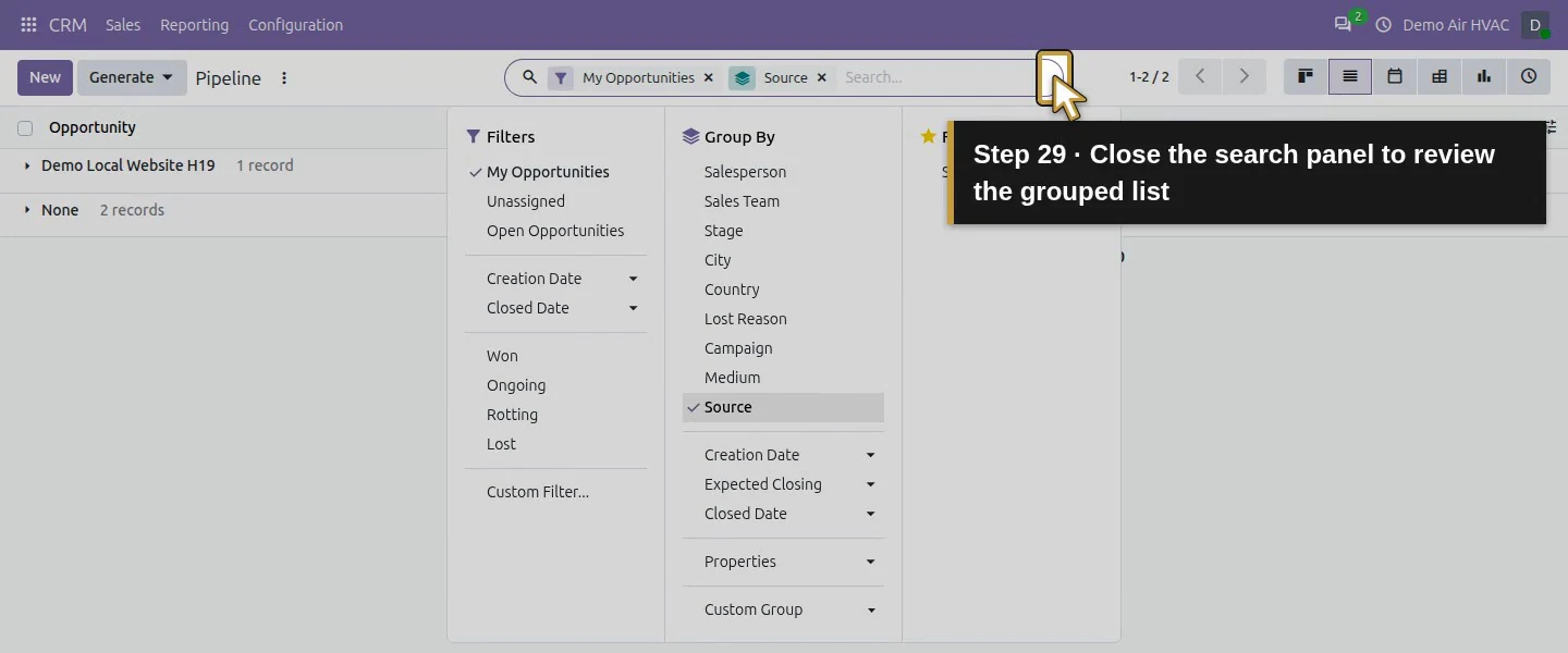 Action 29: Close the search panel to review the grouped list. The actual target is highlighted in gold.