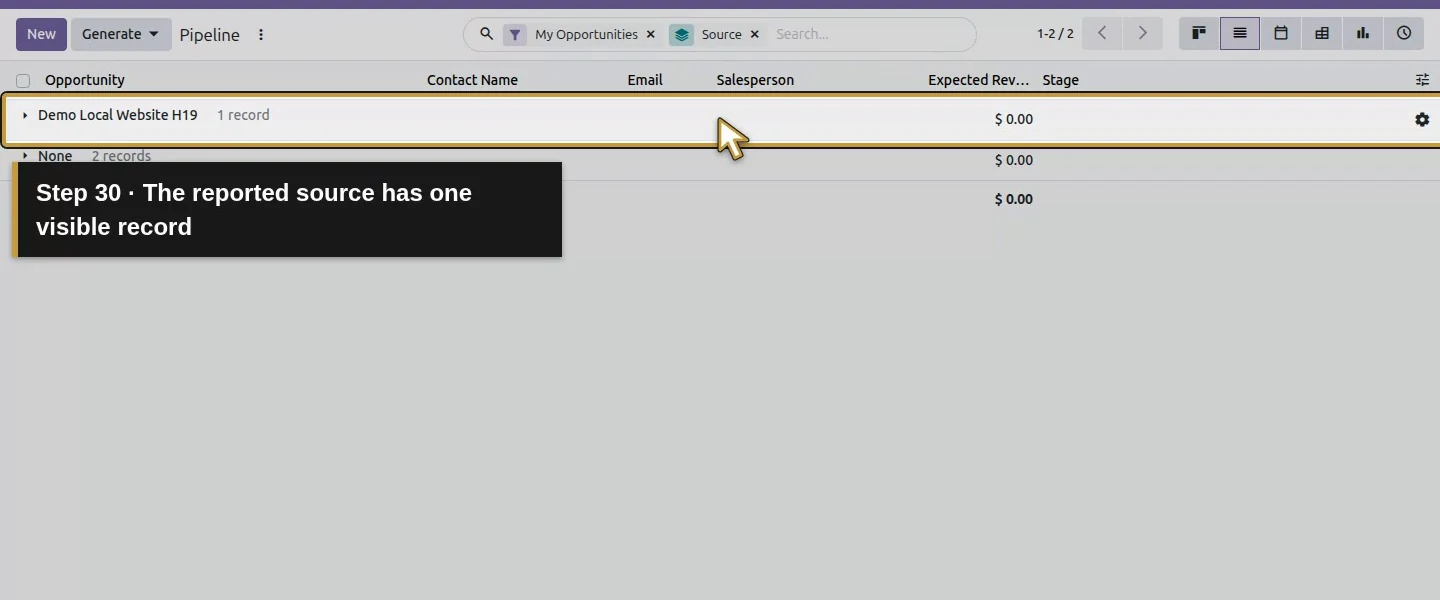 Action 30: The reported source has one visible record. The actual target is highlighted in gold.