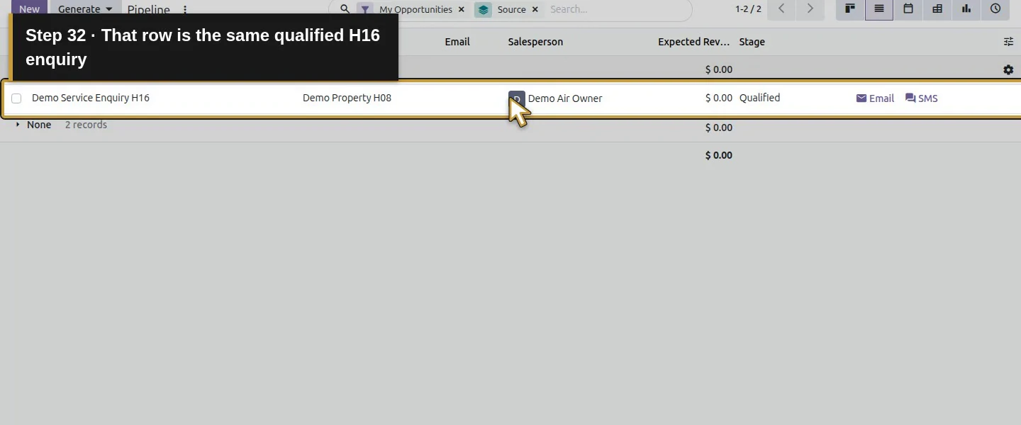 Action 32: That row is the same qualified H16 enquiry. The actual target is highlighted in gold.
