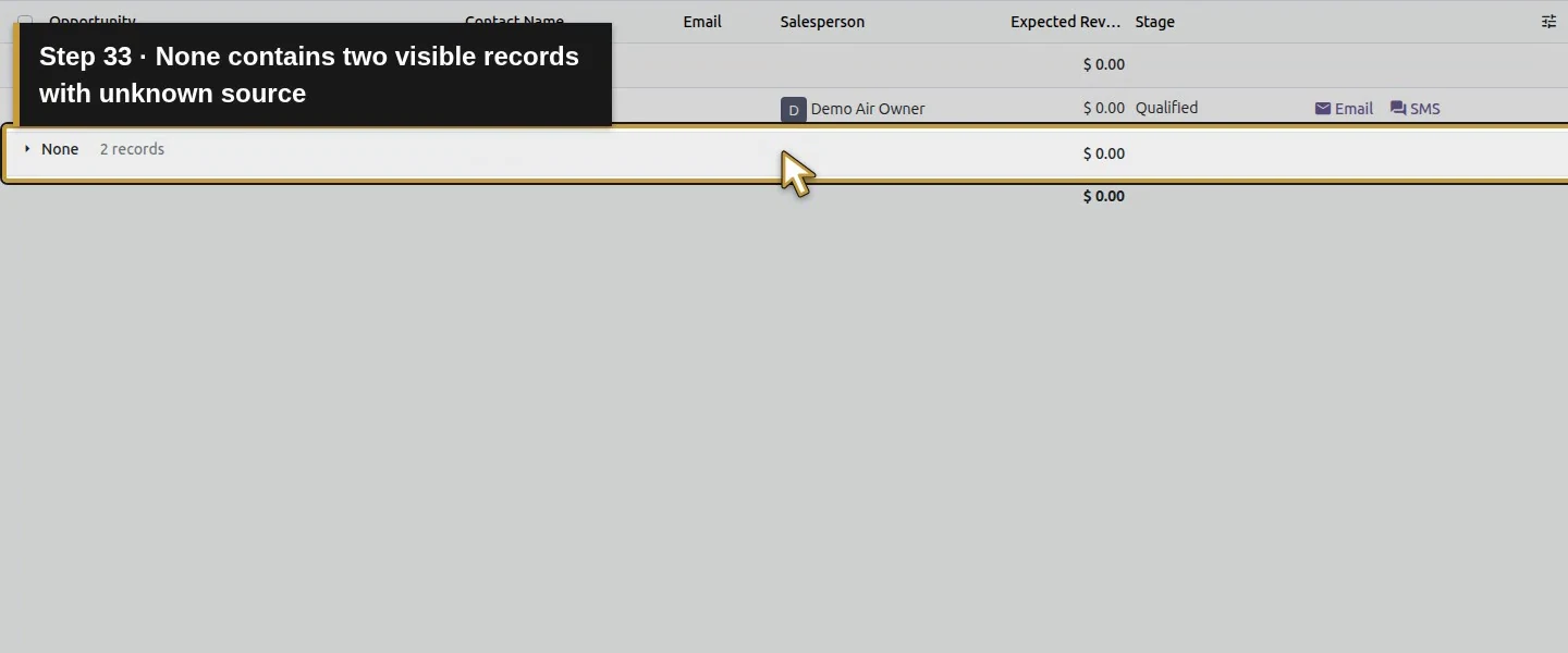 Action 33: None contains two visible records with unknown source. The actual target is highlighted in gold.