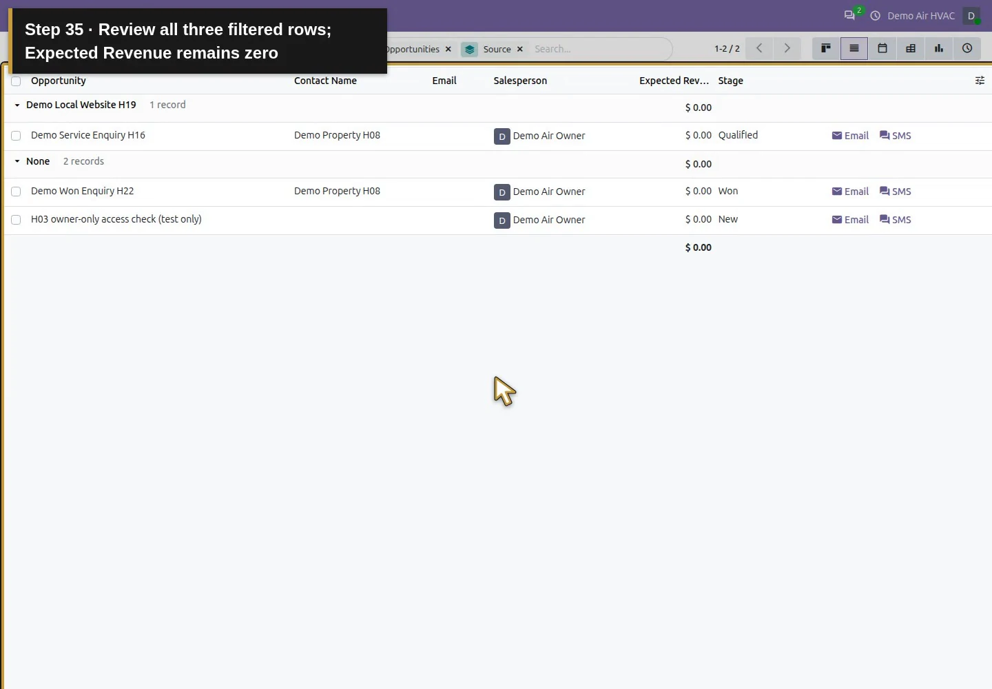 Action 35: Review all three filtered rows; Expected Revenue remains zero. The actual target is highlighted in gold.