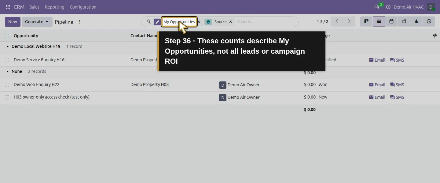 Action 36: These counts describe My Opportunities, not all leads or campaign ROI. The actual target is highlighted in gold.