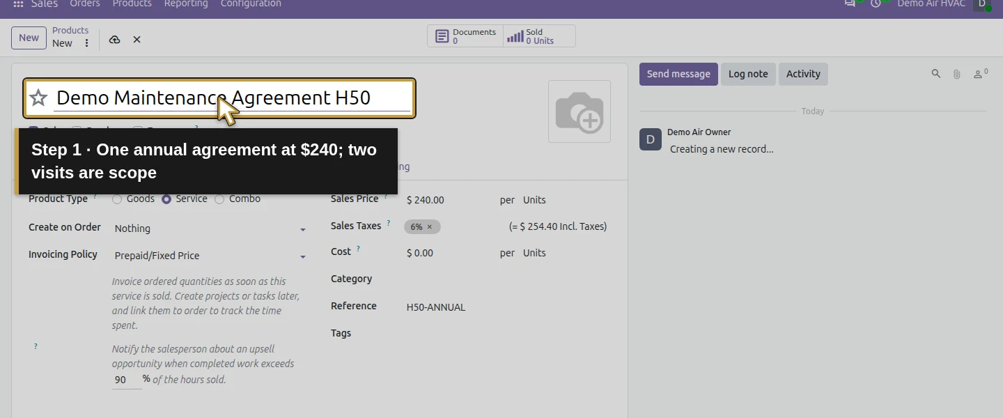 Action 1: One annual agreement at $240; two visits are scope. The actual target is highlighted in gold.