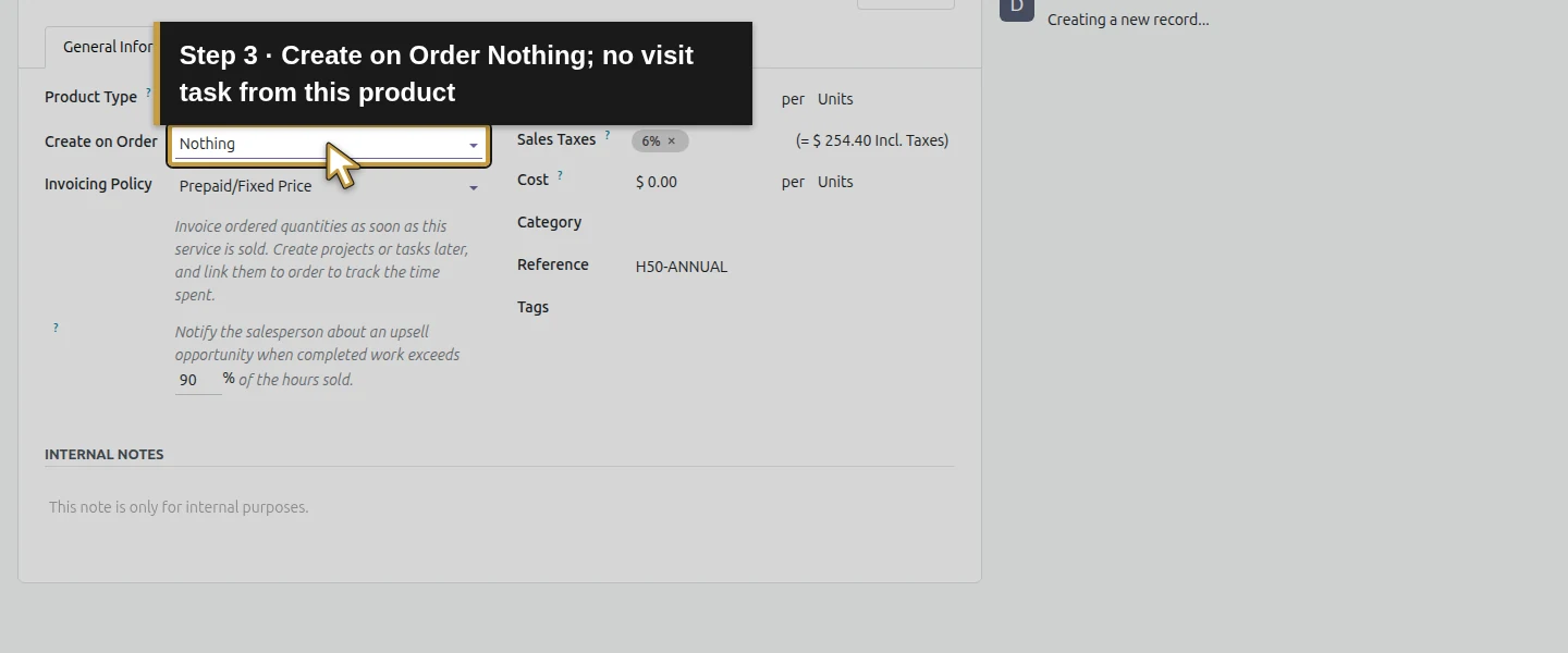 Action 3: Create on Order Nothing; no visit task from this product. The actual target is highlighted in gold.