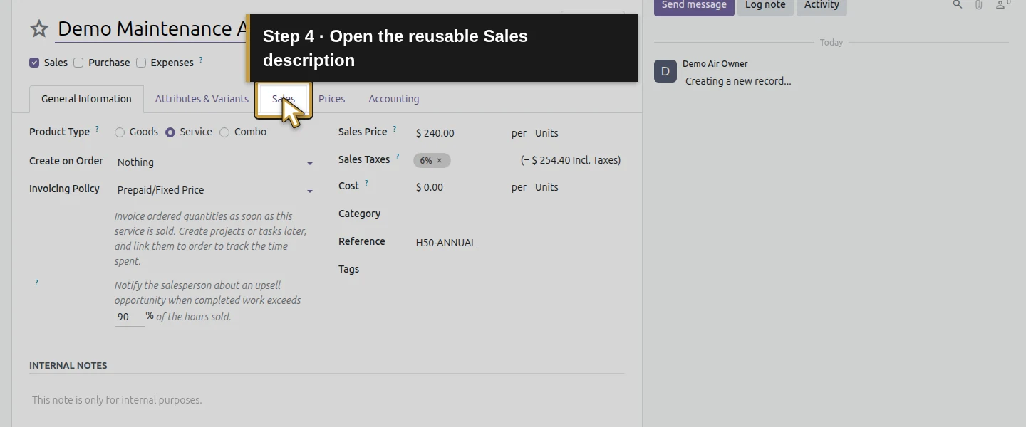 Action 4: Open the reusable Sales description. The actual target is highlighted in gold.