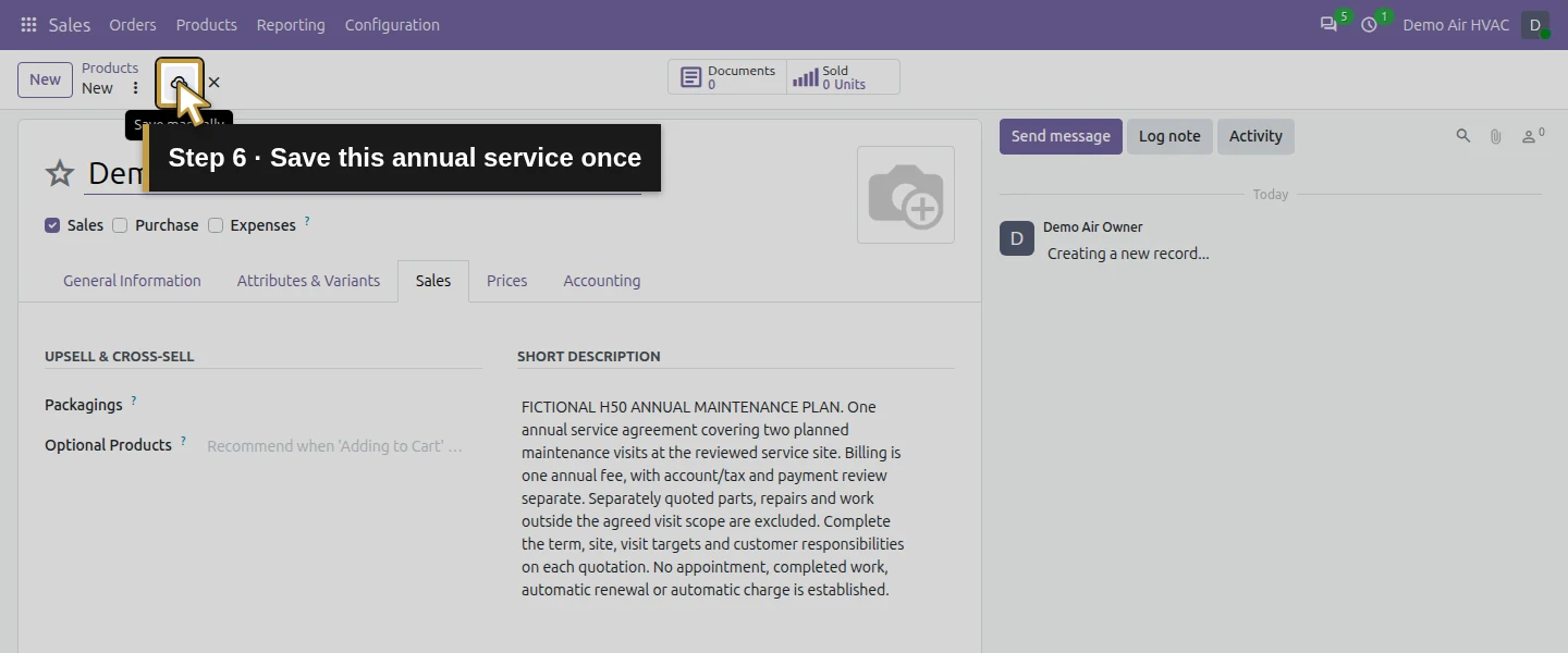 Action 6: Save this annual service once. The actual target is highlighted in gold.