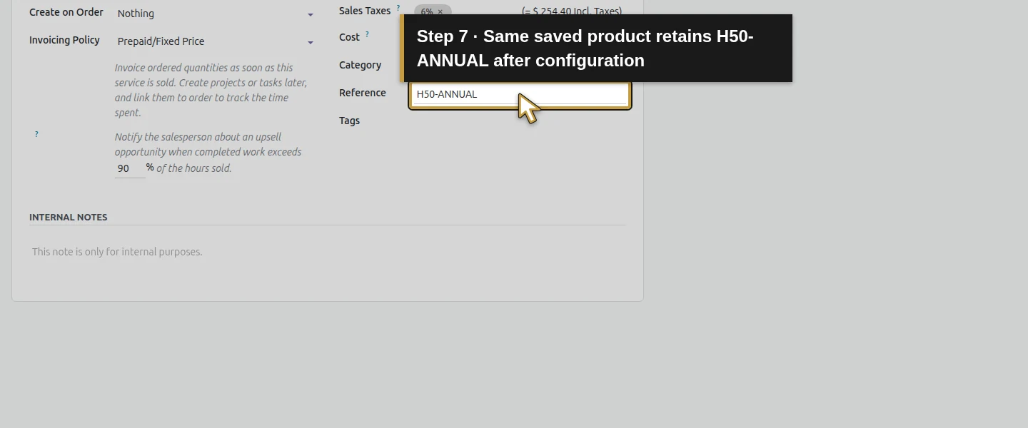 Action 7: Same saved product retains H50-ANNUAL after configuration. The actual target is highlighted in gold.