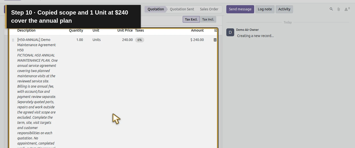 Action 10: Copied scope and 1 Unit at $240 cover the annual plan. The actual target is highlighted in gold.