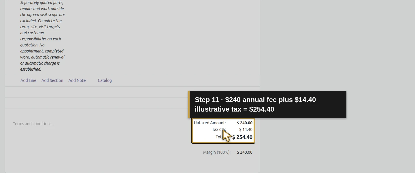 Action 11: $240 annual fee plus $14.40 illustrative tax = $254.40. The actual target is highlighted in gold.