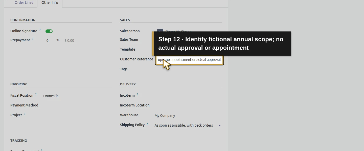 Action 12: Identify fictional annual scope; no actual approval or appointment. The actual target is highlighted in gold.