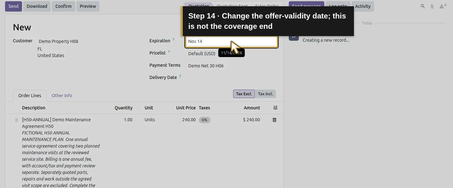 Action 14: Change the offer-validity date; this is not the coverage end. The actual target is highlighted in gold.