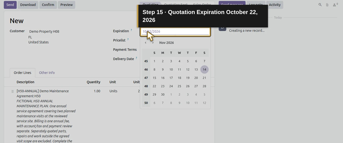 Action 15: Quotation Expiration October 22, 2026. The actual target is highlighted in gold.
