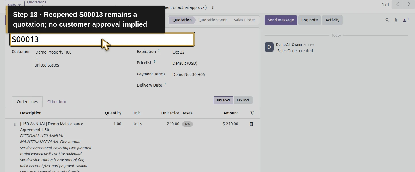 Action 18: Reopened S00013 remains a quotation; no customer approval implied. The actual target is highlighted in gold.