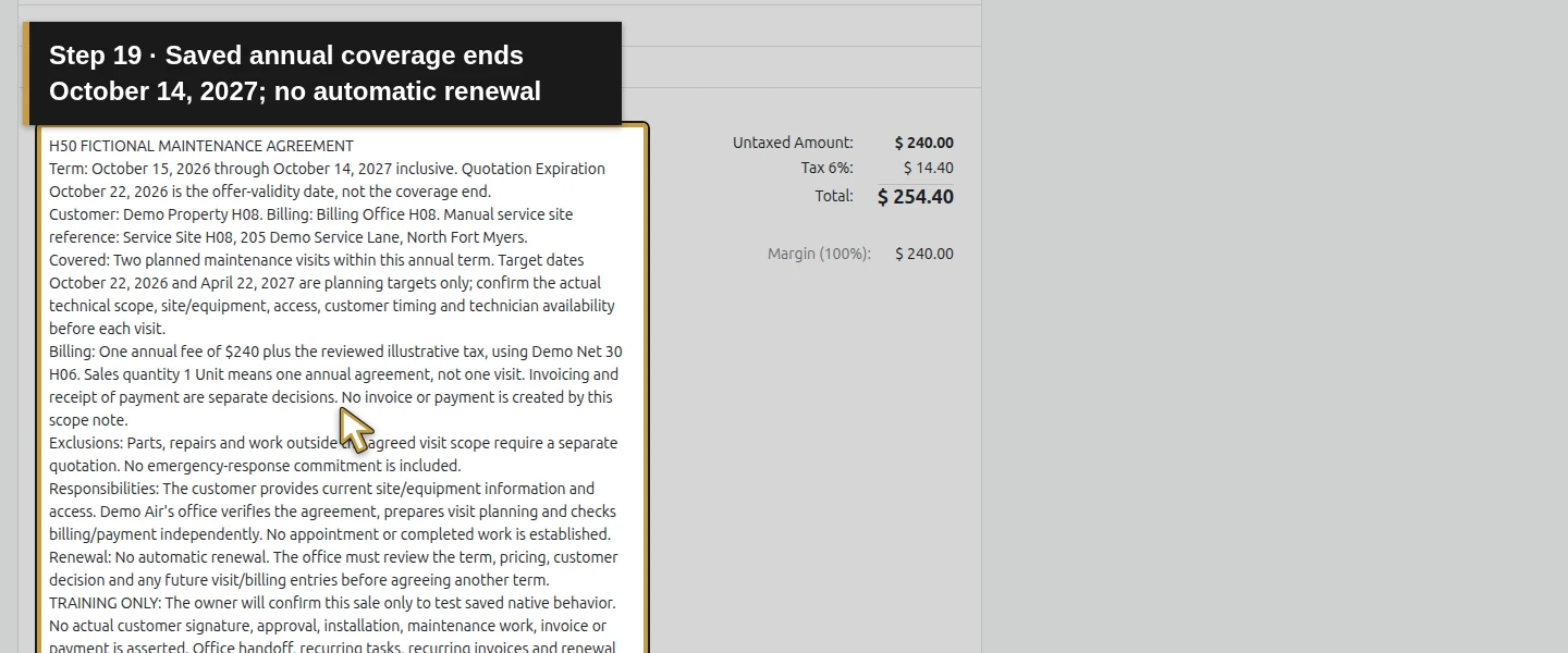 Action 19: Saved annual coverage ends October 14, 2027; no automatic renewal. The actual target is highlighted in gold.