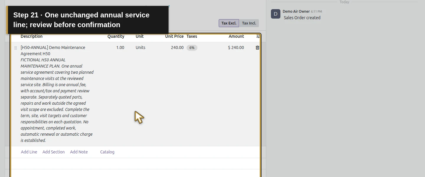 Action 21: One unchanged annual service line; review before confirmation. The actual target is highlighted in gold.