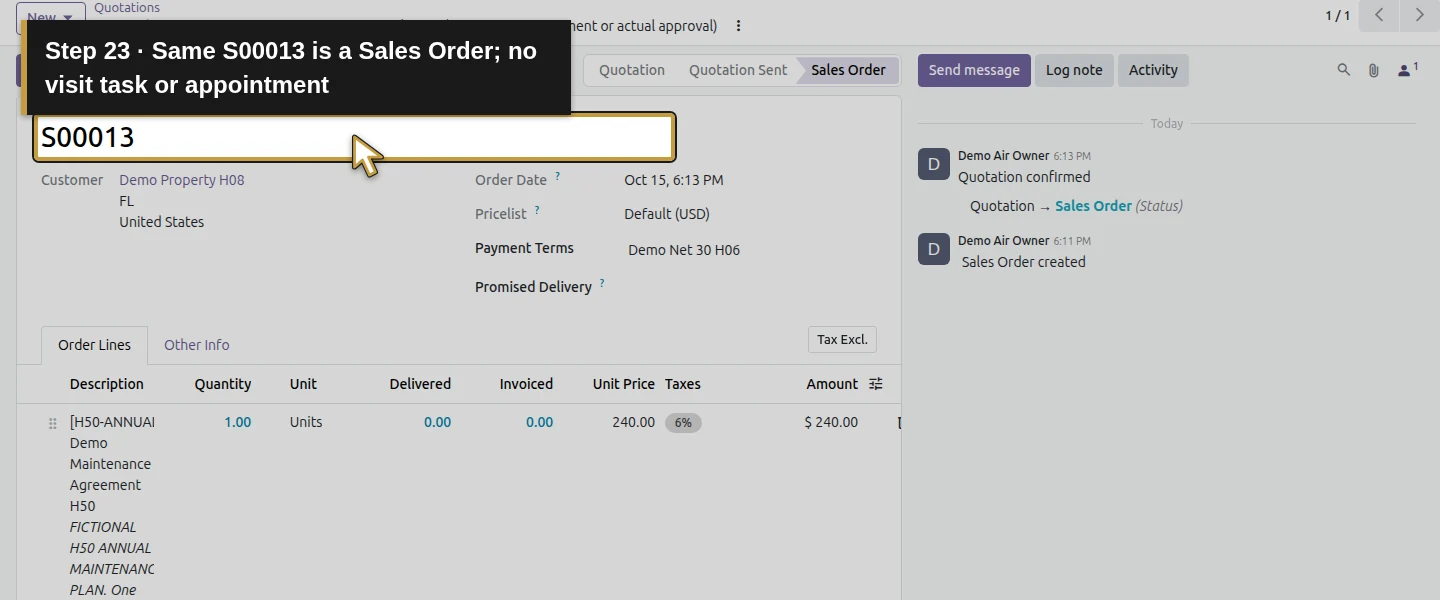 Action 23: Same S00013 is a Sales Order; no visit task or appointment. The actual target is highlighted in gold.