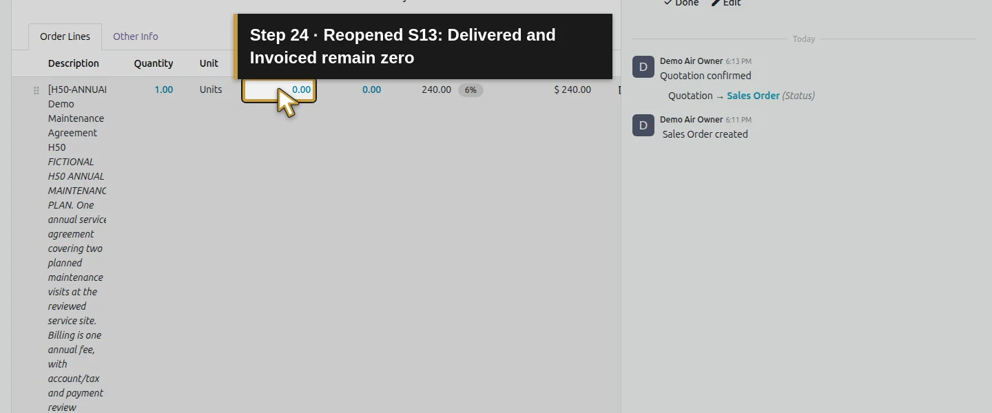Action 24: Reopened S13: Delivered and Invoiced remain zero. The actual target is highlighted in gold.
