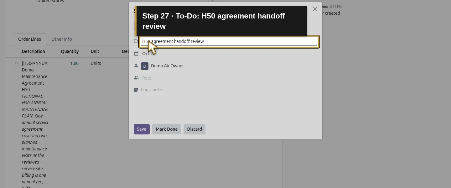 Action 27: To-Do: H50 agreement handoff review. The actual target is highlighted in gold.