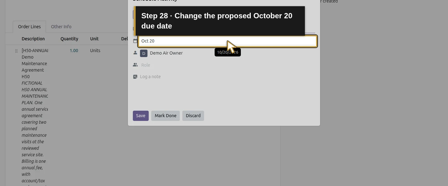 Action 28: Change the proposed October 20 due date. The actual target is highlighted in gold.