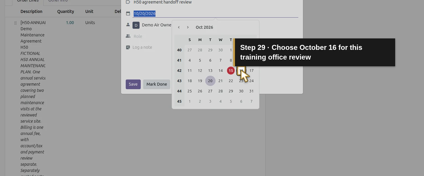 Action 29: Choose October 16 for this training office review. The actual target is highlighted in gold.