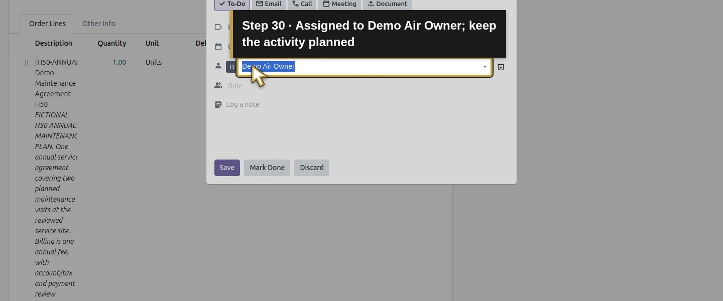 Action 30: Assigned to Demo Air Owner; keep the activity planned. The actual target is highlighted in gold.