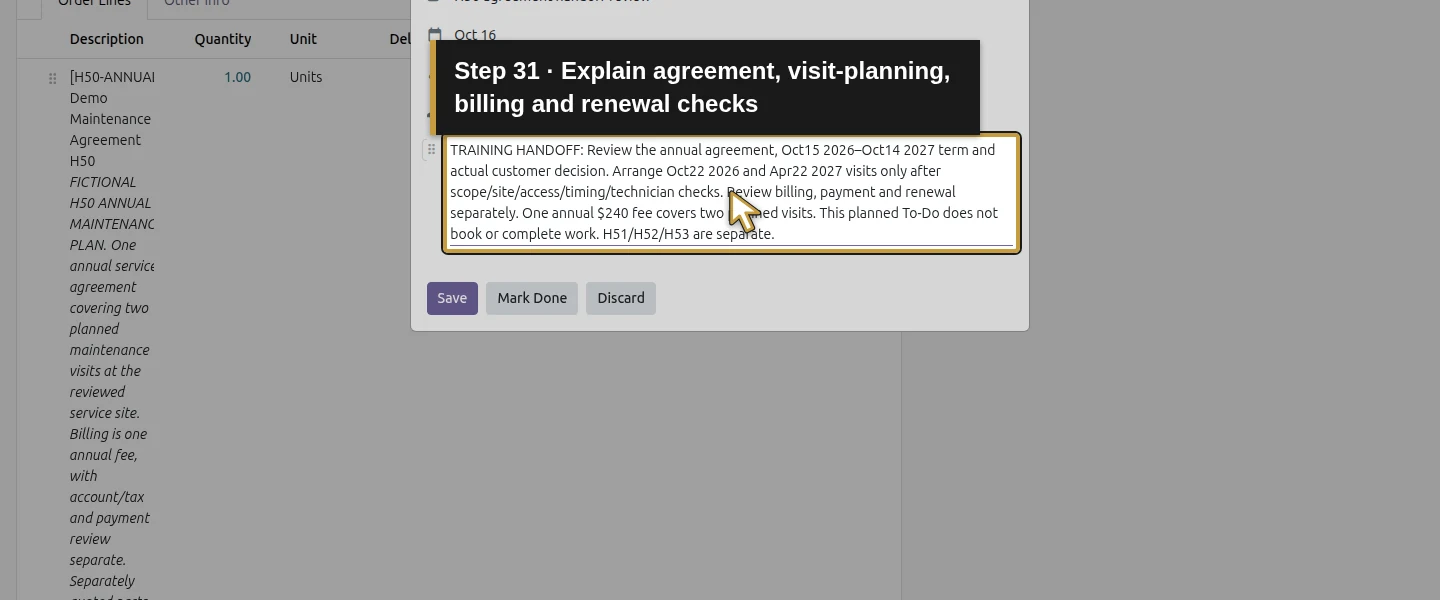 Action 31: Explain agreement, visit-planning, billing and renewal checks. The actual target is highlighted in gold.