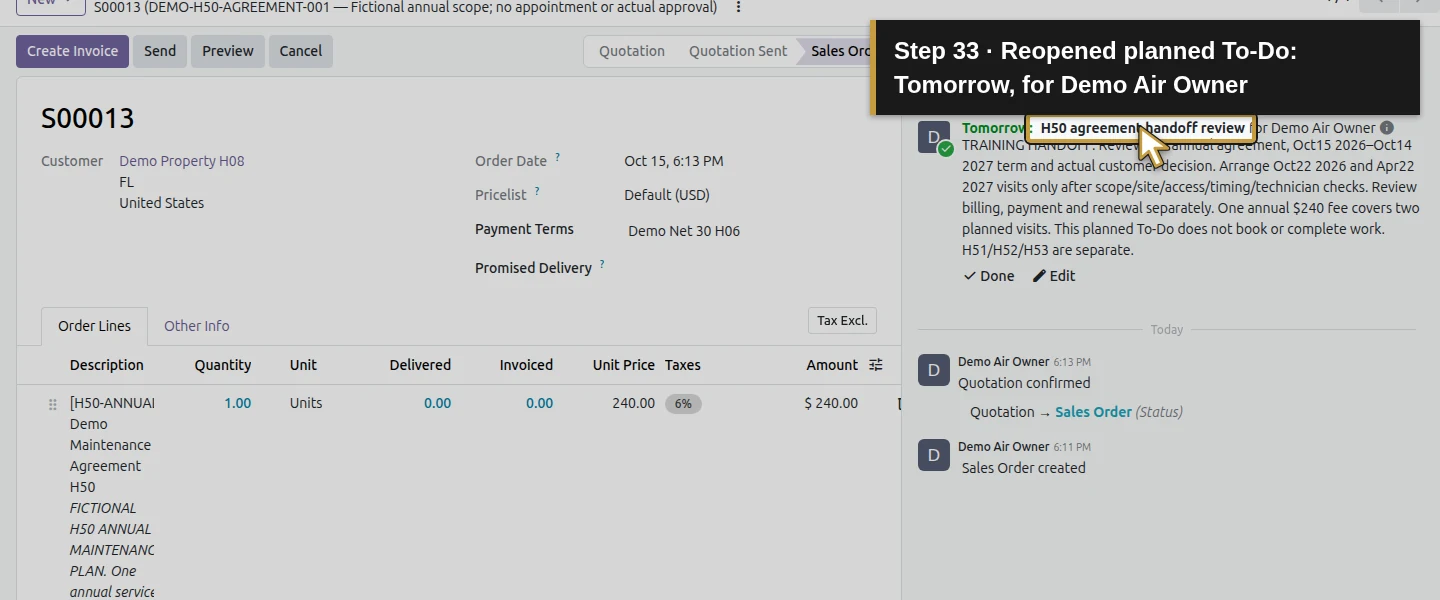 Action 33: Reopened planned To-Do: Tomorrow, for Demo Air Owner. The actual target is highlighted in gold.