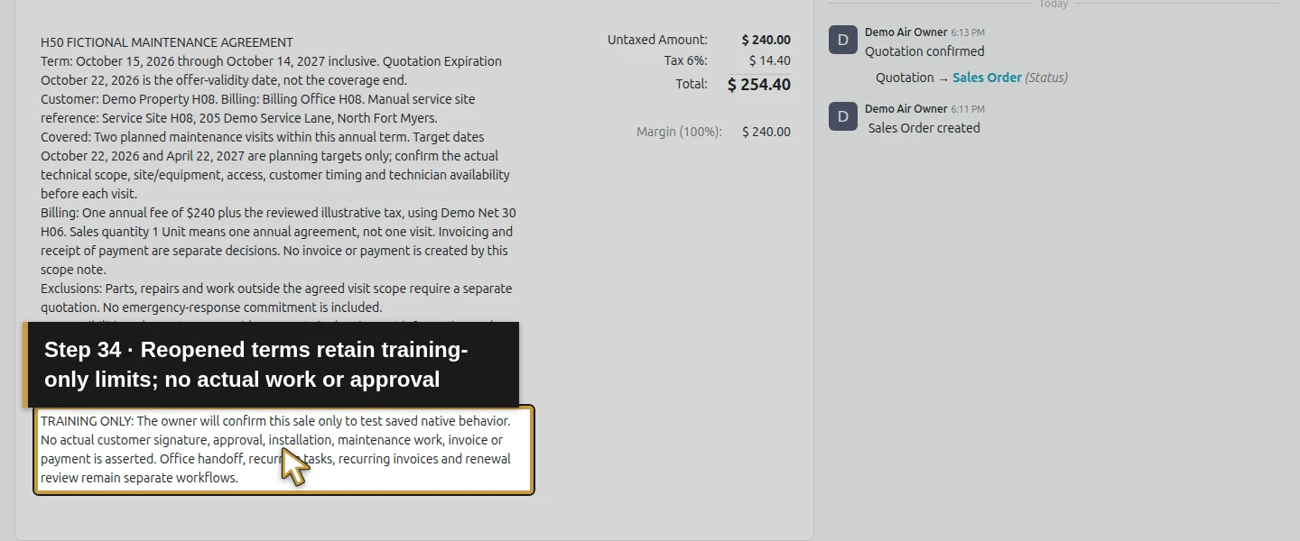 Action 34: Reopened terms retain training-only limits; no actual work or approval. The actual target is highlighted in gold.