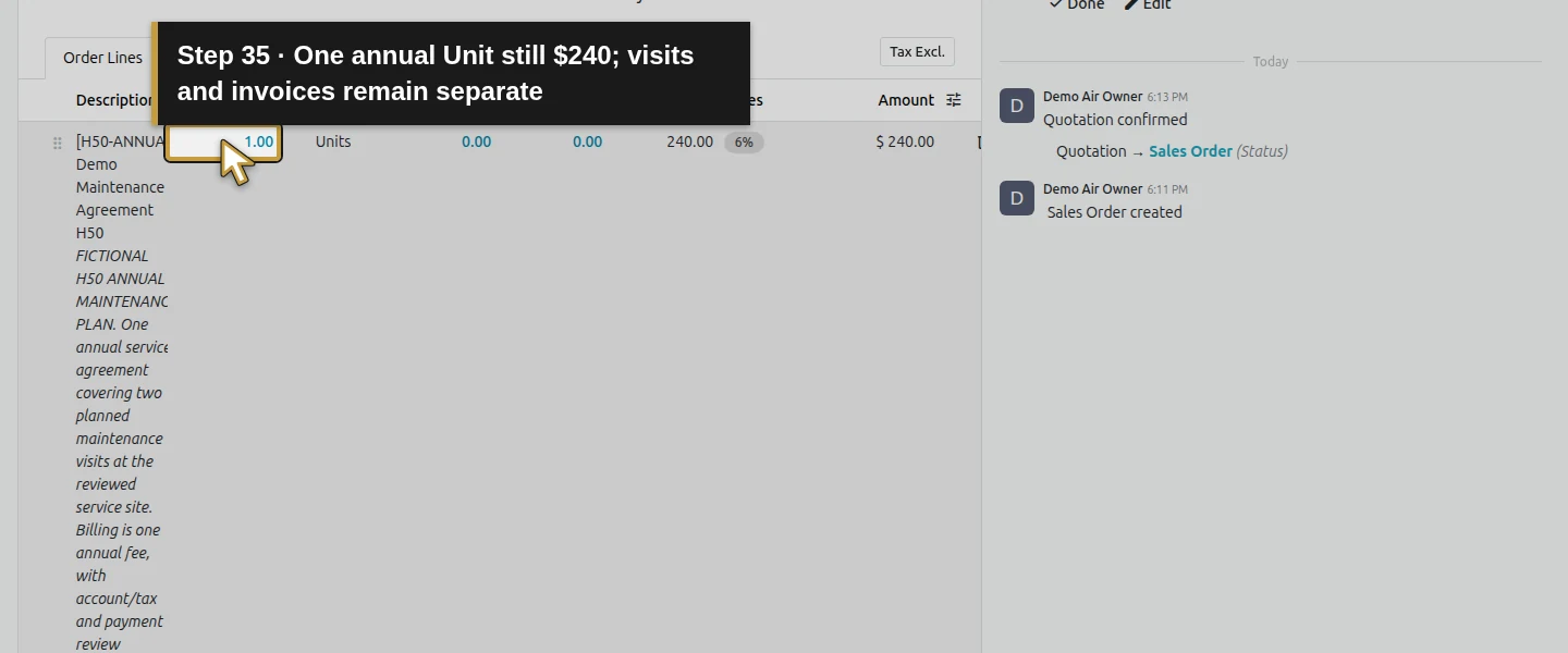 Action 35: One annual Unit still $240; visits and invoices remain separate. The actual target is highlighted in gold.