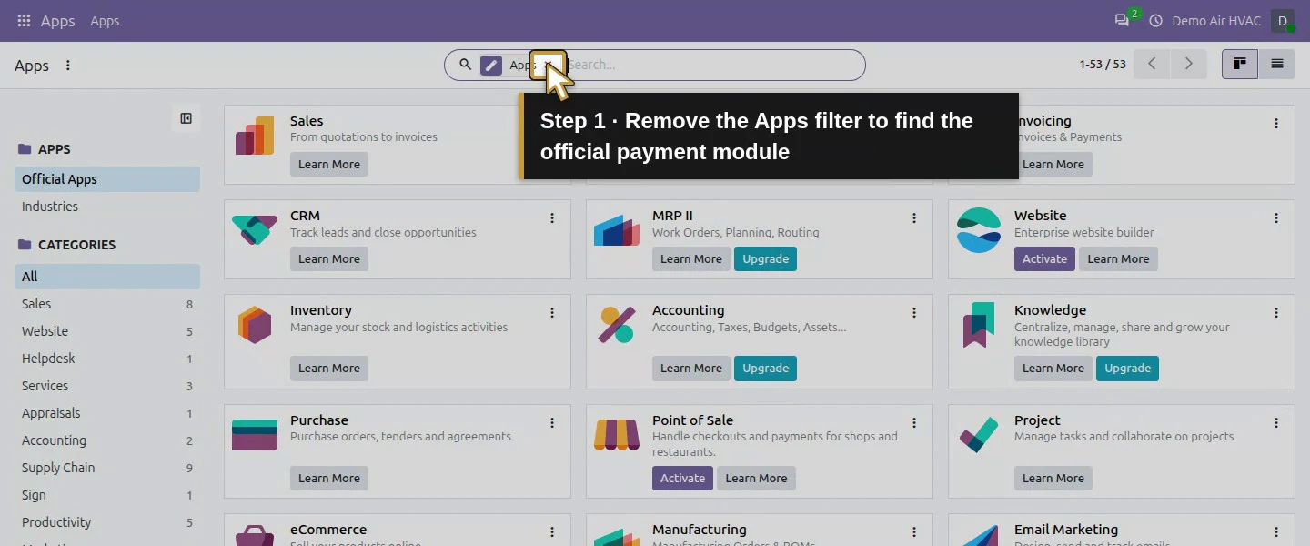 Action 1: Remove the Apps filter to find the official payment module. The actual target is highlighted in gold.