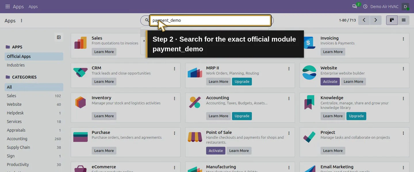 Action 2: Search for the exact official module payment_demo. The actual target is highlighted in gold.