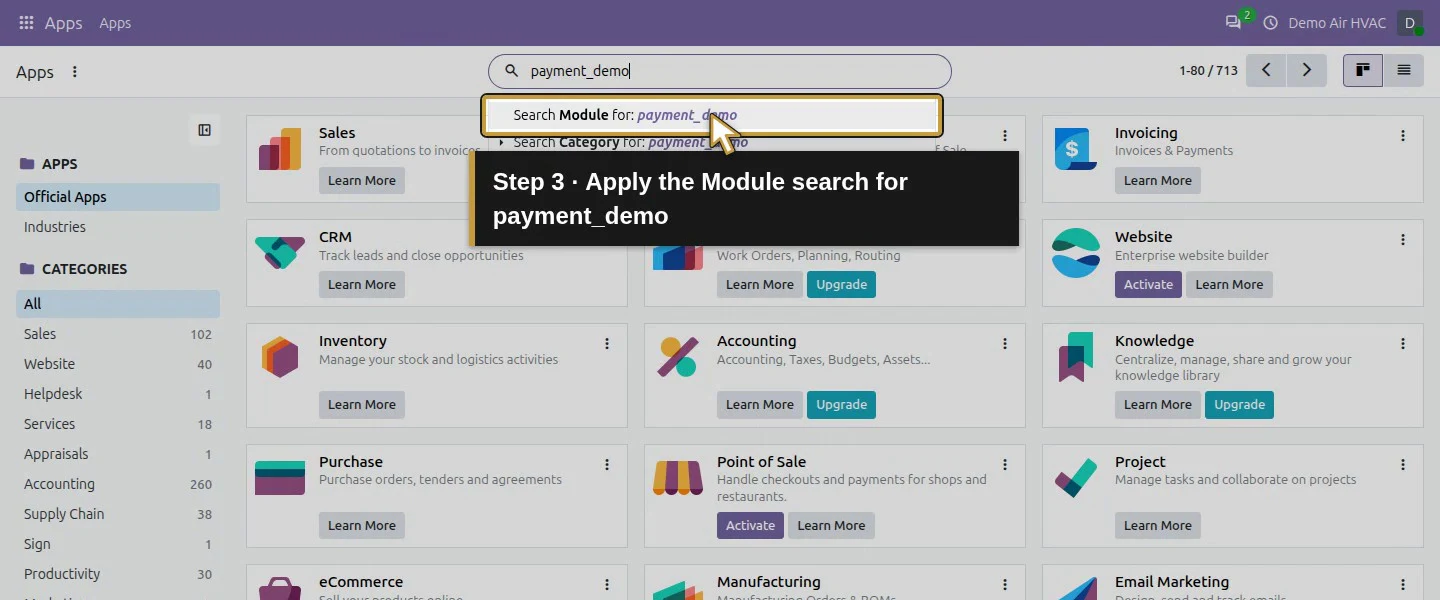 Action 3: Apply the Module search for payment_demo. The actual target is highlighted in gold.