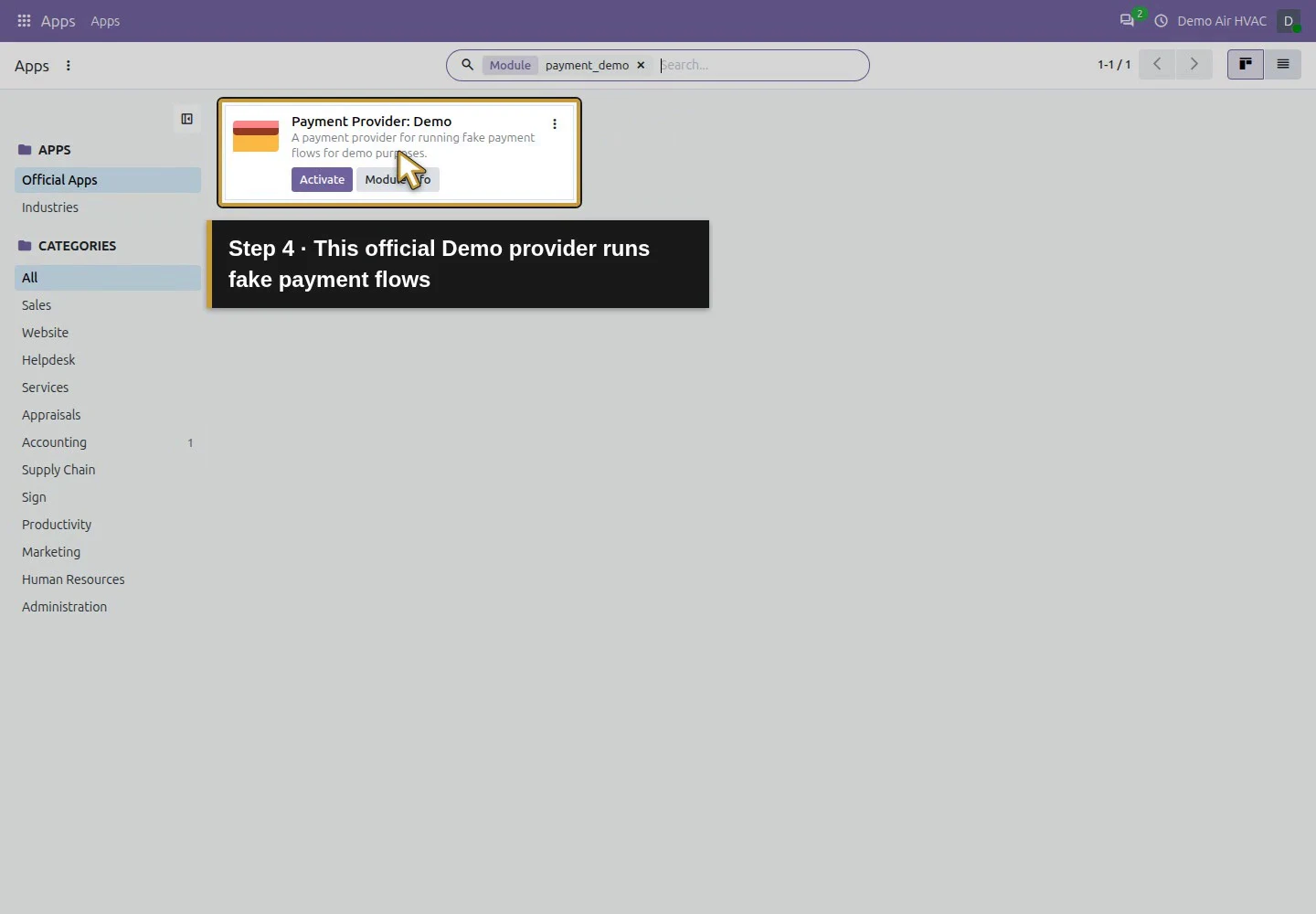 Action 4: This official Demo provider runs fake payment flows. The actual target is highlighted in gold.