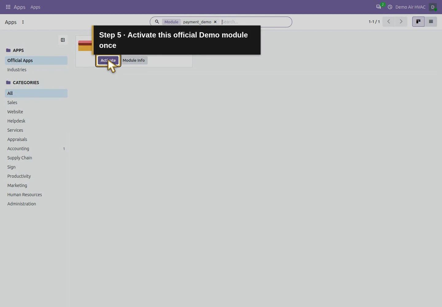 Action 5: Activate this official Demo module once. The actual target is highlighted in gold.