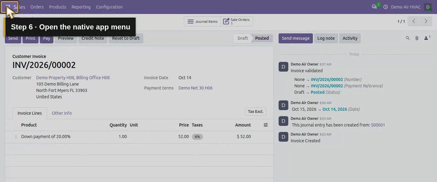 Action 6: Open the native app menu. The actual target is highlighted in gold.