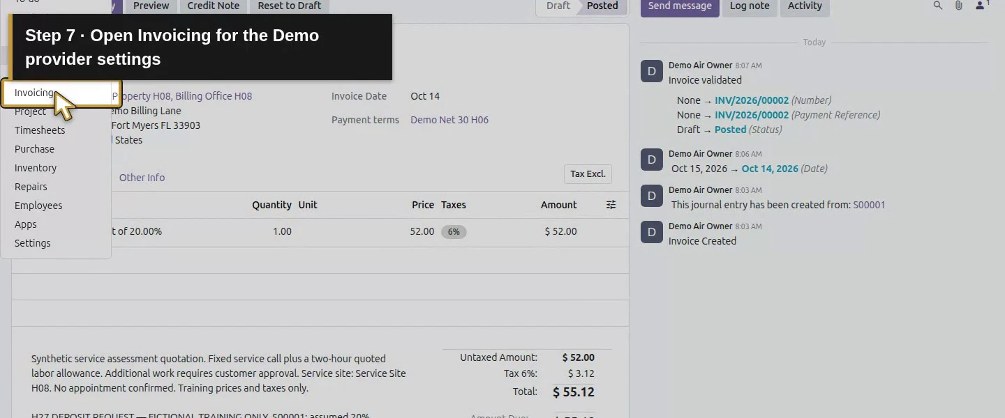 Action 7: Open Invoicing for the Demo provider settings. The actual target is highlighted in gold.