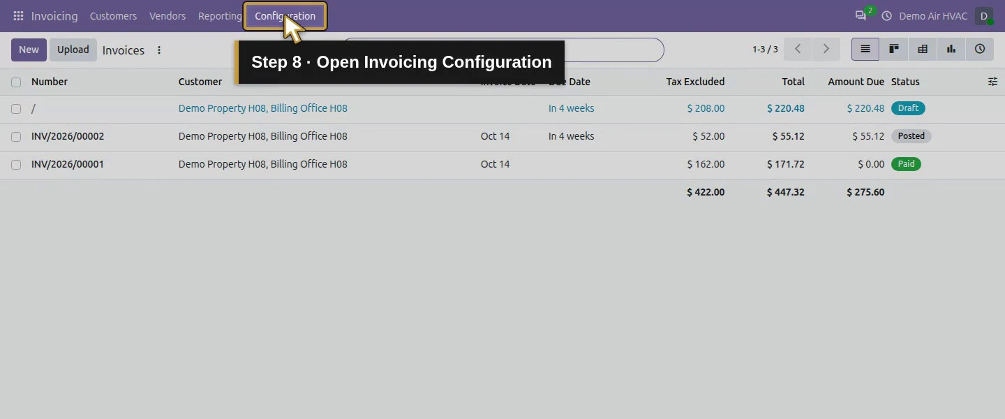 Action 8: Open Invoicing Configuration. The actual target is highlighted in gold.