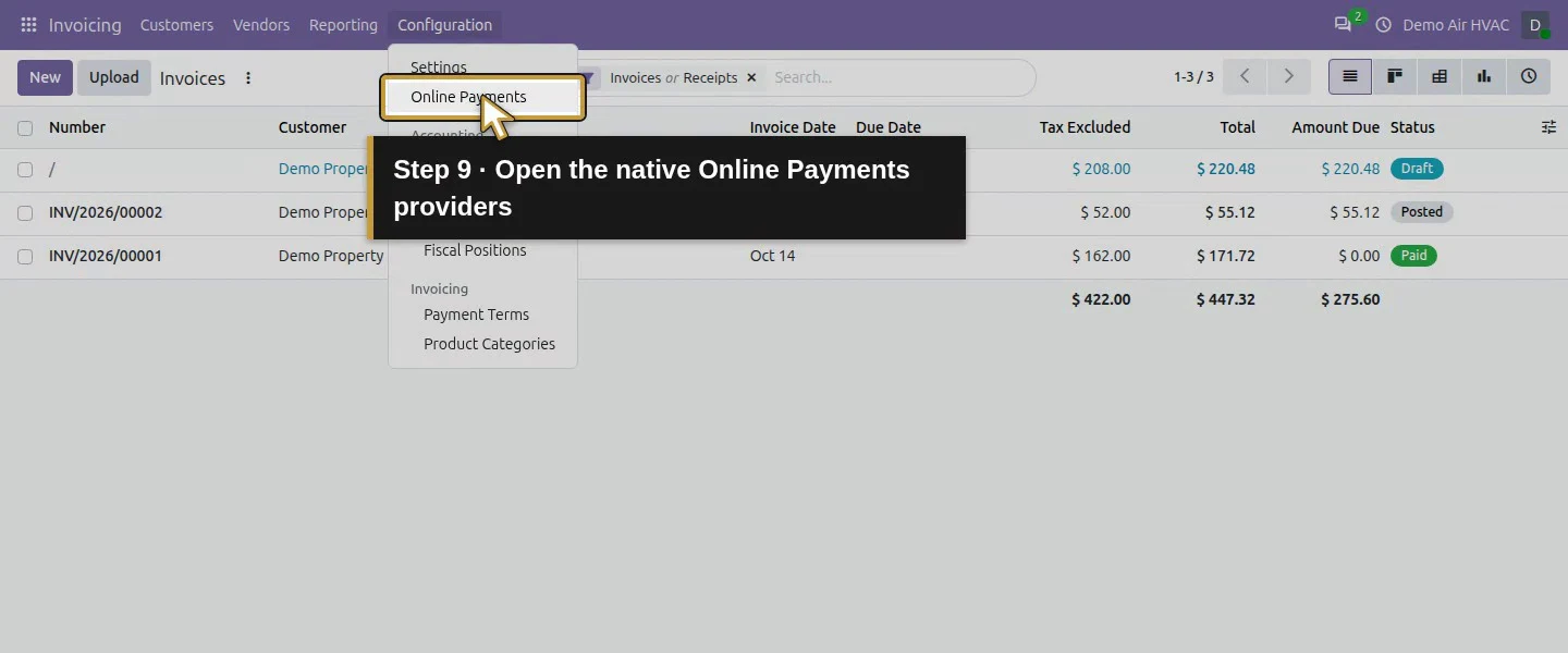 Action 9: Open the native Online Payments providers. The actual target is highlighted in gold.