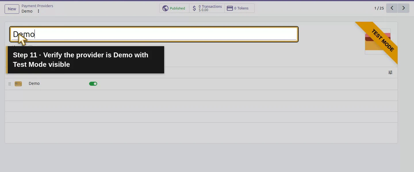 Action 11: Verify the provider is Demo with Test Mode visible. The actual target is highlighted in gold.